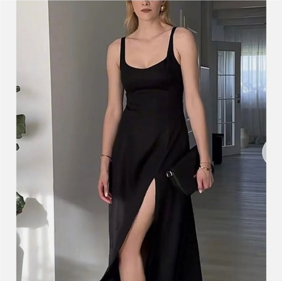 Zara Black Sleeveless Scoop Neck Midi Linen Sundress With Slit - Picture 6 of 7